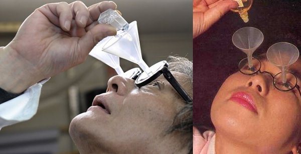 Glasses with hole to pour drops into eyes without dropping. 