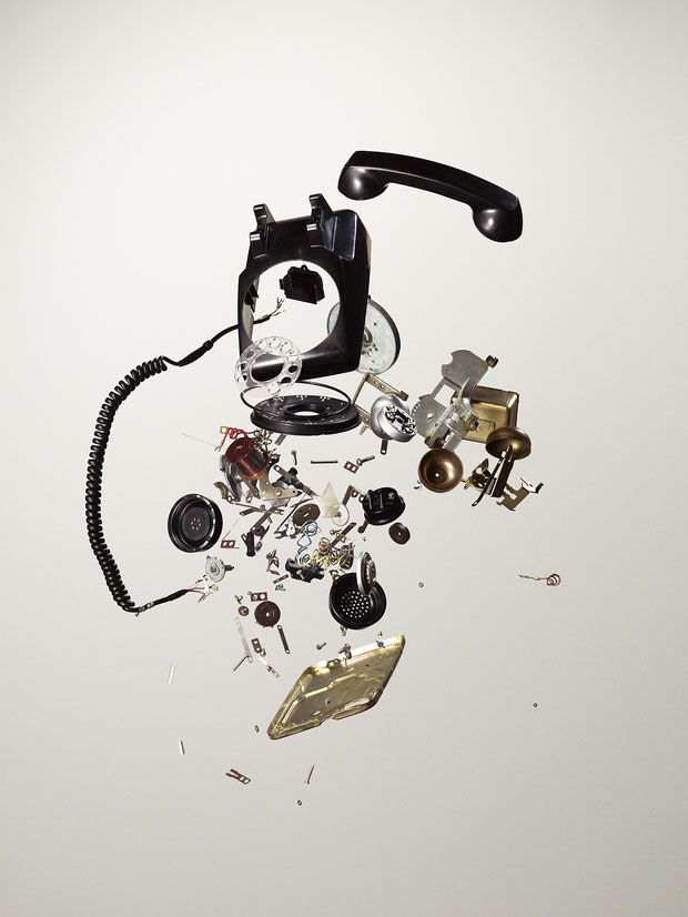 Disassembled parts of a telephone