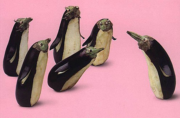 Penguin Sculptures Made from Eggplant