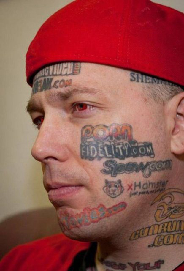 Tattoos of pornographic site names on Face