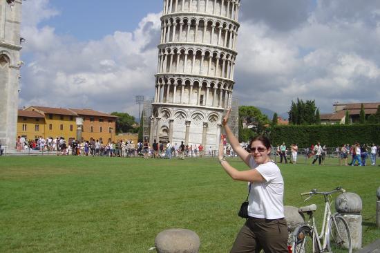 Funny Tourist Holding the Leaning Tower of Pisa 