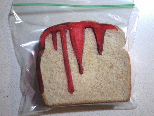 a blood flowing image on a sandwich