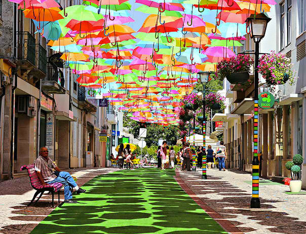 Levitation (Hanging) Of Hundreds Of Colorful Umbrellas In Agueda, Portugal