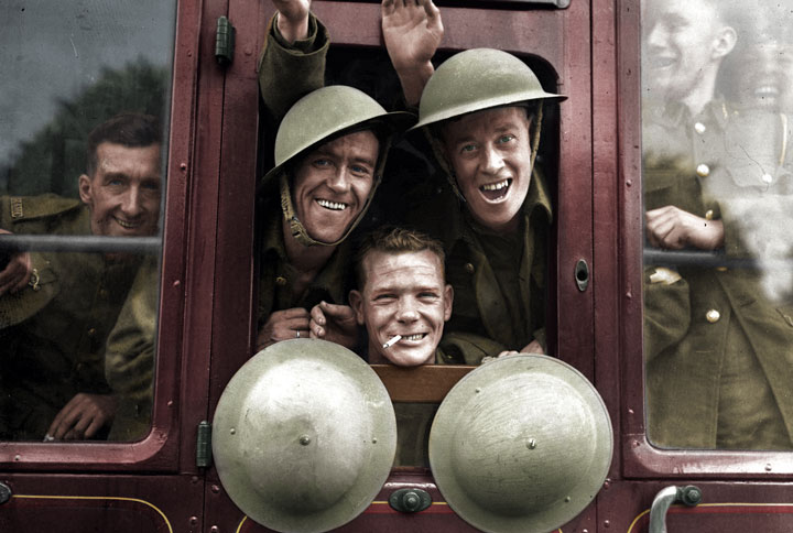 British soldiers happy aboard their train to their first training before joining the front, 1939-colorized version