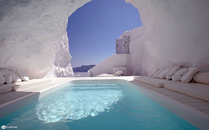 In this cave pool in Santorini (Greek Island)