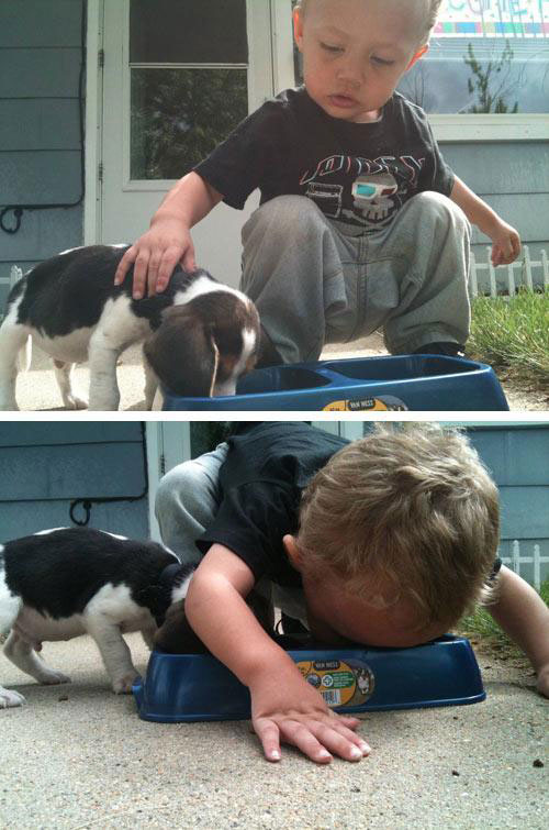  boy gently caressing his dog before plunging his head into dog's bowl-Children Who Use Their Imagination To Do Weird And Hilarious Things-1