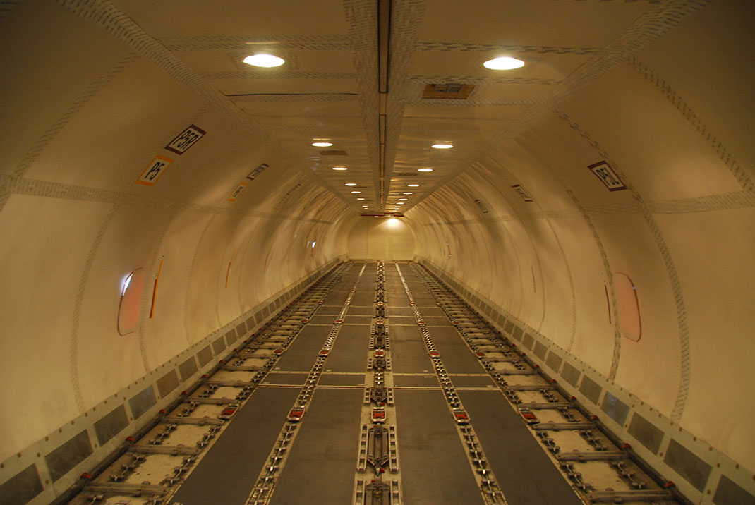 The empty interior of a Boeing 757 FedEx