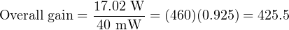              17.02 W
Overall gain =------- = (460)(0.925) = 425.5
              40 mW
