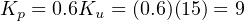 Kp = 0.6Ku = (0.6)(15) = 9
