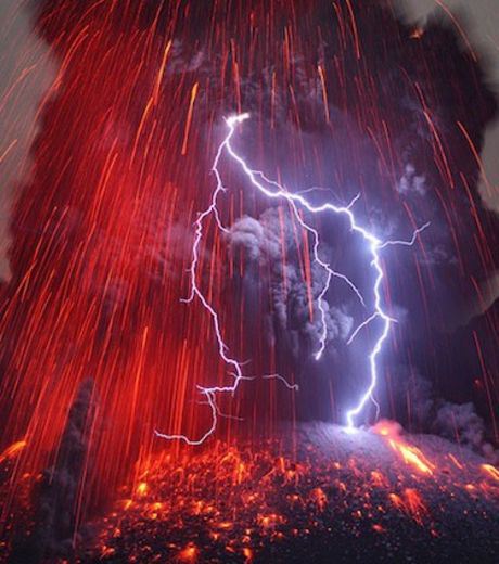 The Eruption Of A Volcano Accompanied By Strong Lightning