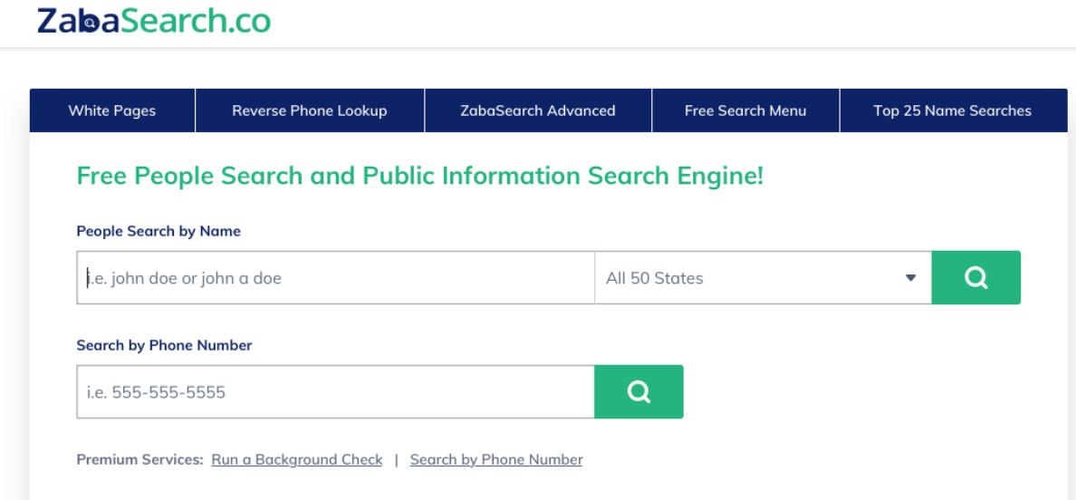 ZabaSearch Homepage 1