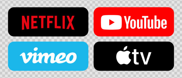 Netflix, Youtube, Apple TV, Vimeo. Streaming service. Vector logos of popular streaming services on a transparent background. Editorial online video icons.
